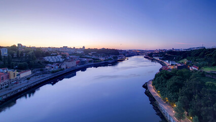 Aerial view before sunrise at the most emblematic area of Douro river timelapse.