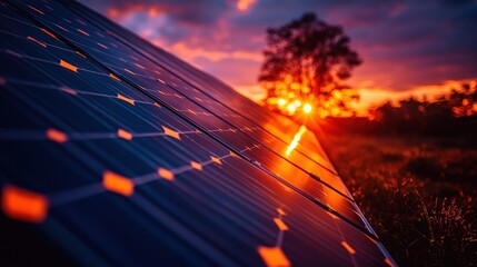 Solar Panels at Sunset with Tree and Glowing Sun in Background