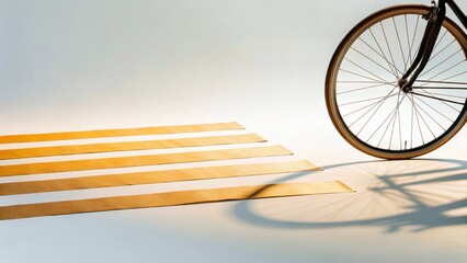 Bicycle wheel rests near stacked yellow objects creating a sense of forward motion and abstract...