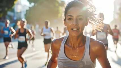 Young woman running on city street surrounded by athletes in sunny conditions showcasing determination and fitness during event