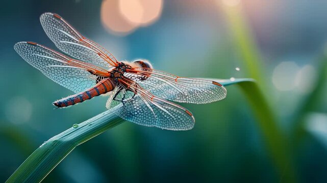 A vibrant dragonfly perched on a green blade of grass, showcasing intricate wing patterns against a softly blurred background.