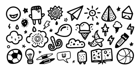 Hand drawn doodle icons, black , sketch style, vector isolated on white backgroundd
