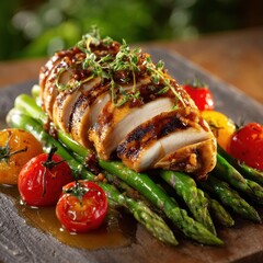 Succulent Sliced Glazed Chicken Breast on a Bed of Asparagus with Roasted Tomatoes.