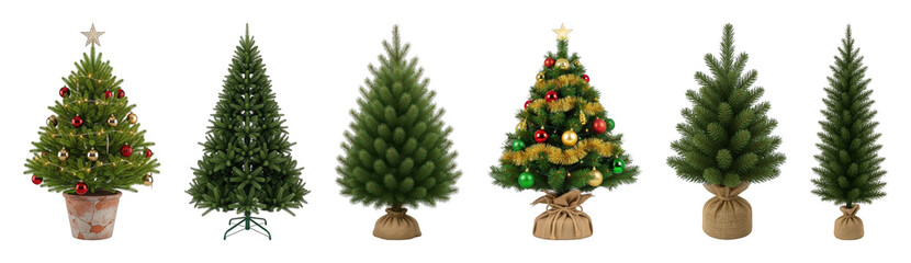 Christmas tree set including decorated, undecorated, potted, and burlap-wrapped variants isolated. Holiday season and festive celebration elements.