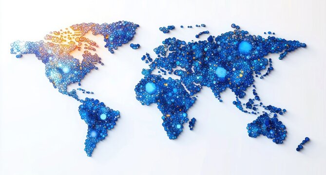 Abstract world map composed of variously sized blue circles with glowing light accents on a white background, conveying connectivity and modern digital theme