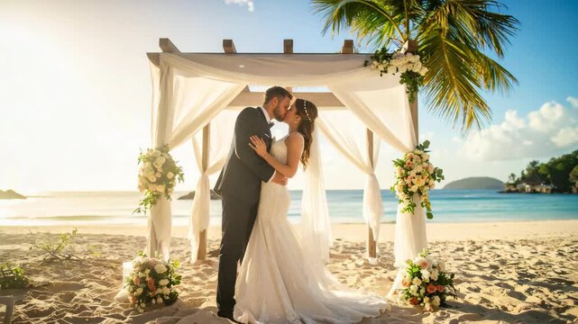 Couple in wedding attire embraces and kisses under flower decorated pergola on a tropical sandy beach with palm tree on a bright day