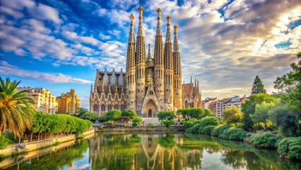 sagrada familia cathedral surrounded by lush greenery under vibrant sky
