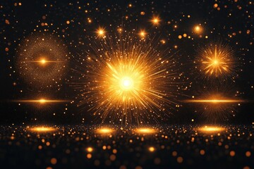 Glowing golden light bursts and sparkles in symmetrical patterns against a dark background, creating a vibrant and festive atmosphere