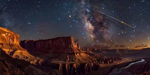 Majestic Milky Way galaxy stretches across a star-filled night sky over illuminated desert canyons and a winding river.