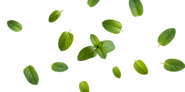 Scattered Fresh Green Mint Leaves ev7bkahw graphic Cutout PNG isolated on a transparent background - Powered by Adobe