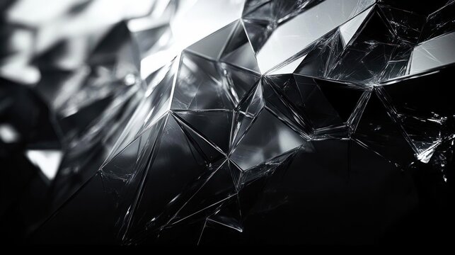 abstract geometric pattern of sharp, transparent, and reflective black and gray shards creating a complex crystalline texture with light and shadow interplay