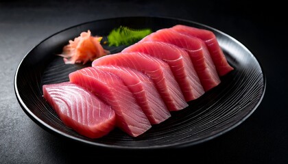 Fresh Sushi Grade Tuna Placed On A Sleek Black Plate With Dramatic Lighting Creating Shadows And Highlighting The Texture