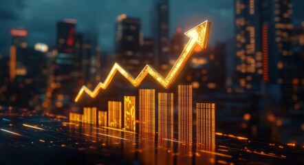 Glowing golden digital bar chart and upward arrow graph overlay on blurred cityscape background representing growth and financial success