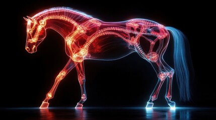 Glowing neon x-ray style rendering of a horse with visible skeleton and musculature on a dark background, emitting red and blue light, suggesting motion and anatomy