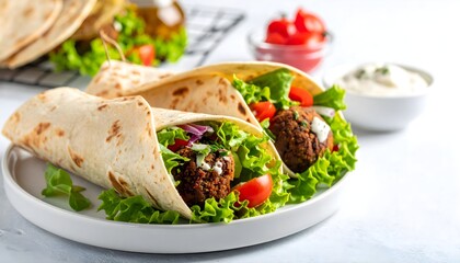 Falafel wraps with salad and pita bread on white plate
