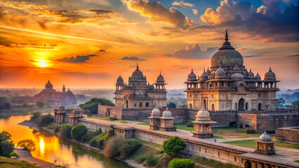 Fototapeta premium ancient temple complex at sunset with vibrant sky and river