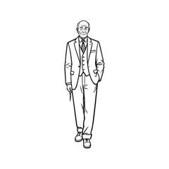 Old man with formal suit black and white vector illustration for classic portrait artwork design