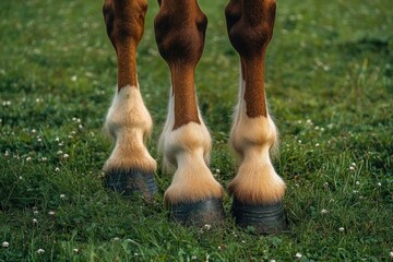 Obraz premium Close-up view of a horse's lower legs and hooves standing on green grass with small white flowers in natural sunlight