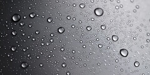 Close-up of numerous water droplets of varying sizes on a smooth, dark, reflective surface creating a textured pattern