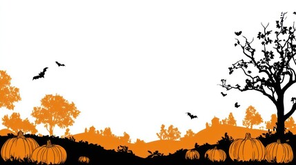 Spooky Halloween landscape with pumpkins, bats, and silhouette trees creates a mysterious and festive autumn scene