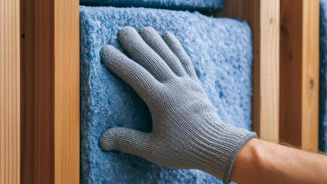 Sustainable insulation panel installation by hand with glove for energy efficient construction engineering work improving building efficiency and eco