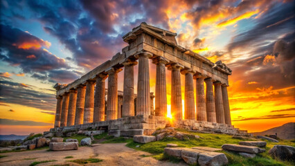 Obraz premium ancient greek temple at sunset with vibrant sky