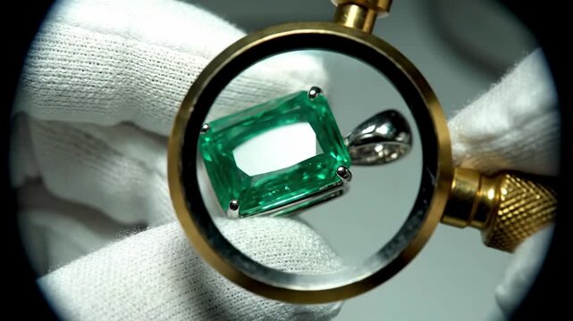 Professional gemologist wearing white gloves carefully inspects a large rectangular emerald pendant with a jeweler's loupe