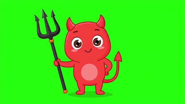 Cute Cartoon Devil Character Holding Pitchfork and Smiling on Bright Green Background
