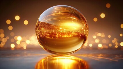 A glowing, transparent golden sphere resting on a reflective surface with warm bokeh lights in the background, creating a magical and luminous atmosphere