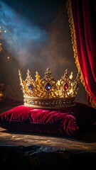 Ornate golden crown on velvet cushion, dramatic lighting