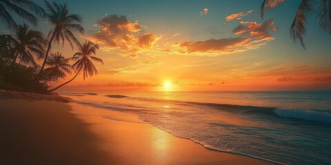 Serene tropical beach at sunset with calm waves, silhouetted palm trees, and a colorful sky with scattered clouds