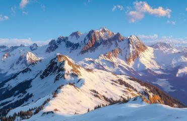 Obraz premium Snow-covered mountain range under a bright blue sky with soft clouds during golden hour highlighting rugged peaks and forested slopes