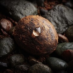 Luminous Water Droplet, a Natural Jewel on a Rustic Coconut Among Dark Wet Stones.
