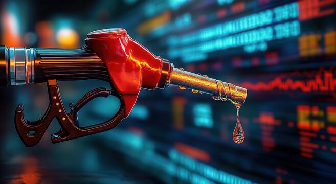 Close-up of a red fuel pump nozzle with a fuel droplet hanging from the tip against a blurred background of digital stock market charts in blue and red tones - Powered by Adobe