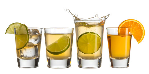 Four Shot Glasses of Tequila with Lime and Orange Garnish graphic dxao0x5jtmupmp5psclgaa Cutout PNG isolated on a transparent background © Life Is Art