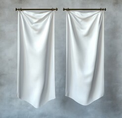 Two elongated white cloth banners hanging from bronze curtain rods against a textured light grey wall, displaying soft folds and shadows with a smooth flowing appearance
