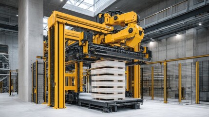 Automated industrial machinery stacks wooden pallets within a warehouse.