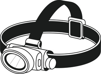 Black and white illustration of a headlamp with adjustable strap