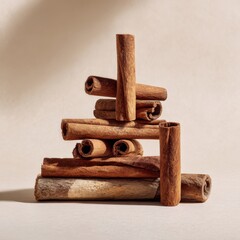 Artistic Tower of Rustic Cinnamon Quills with Soft Shadows on a Neutral Background.