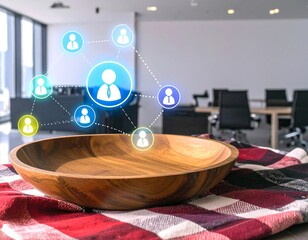 Wooden bowl on table with digital networking icons above