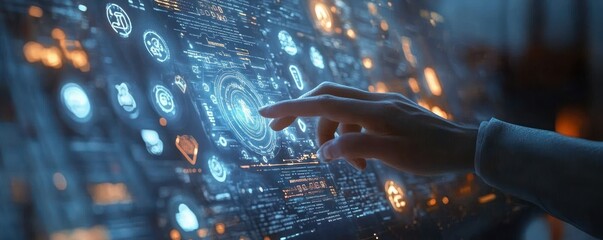 Close-up of a hand interacting with a futuristic transparent digital touchscreen interface displaying glowing blue and orange technological data and icons in a dark environment