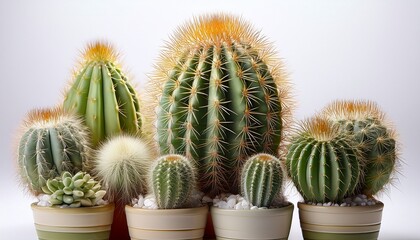 Obraz premium Detailed Close Up Of Multiple Cacti Species Commonly Used As Ornamental Plants On A White Surface