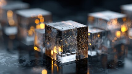 Glistening Transparent Cubes with Golden Bokeh Reflections on Dark Surface.