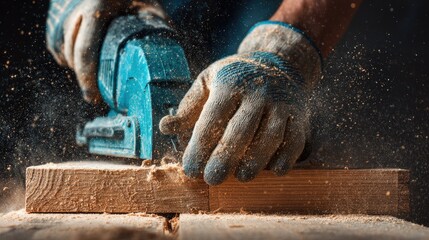 Close-up view of a worker using a planer on a piece of wood.