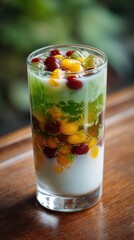 Sunlit Tropical Parfait - A Vibrant Medley of Jelly, Fruit, and Coconut Milk.