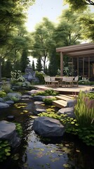 Obraz premium Serene waterside garden retreat with cozy outdoor seating under a modern pavilion structure