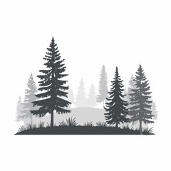 Obraz premium Glade in taiga. Coniferous forest with firs and pines. Landscape with trees and grass. Silhouette picture. Isolated on white background. Vector.