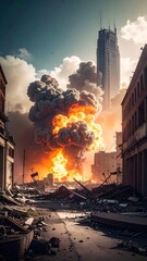 Urban disaster scene with immense fire and smoke