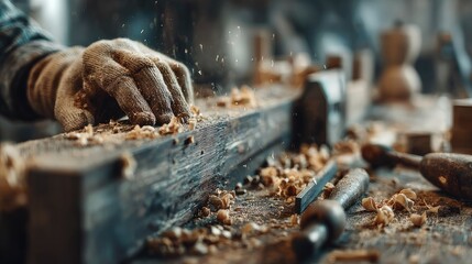 Close-up of a carpenter's hand working on wood.