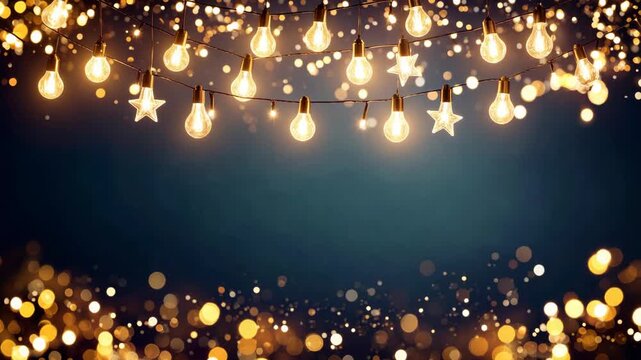 Festive string of lights illuminates a dark blue background with glittering golden bokeh for an elegant celebratory atmosphere and cozy holiday vibe.